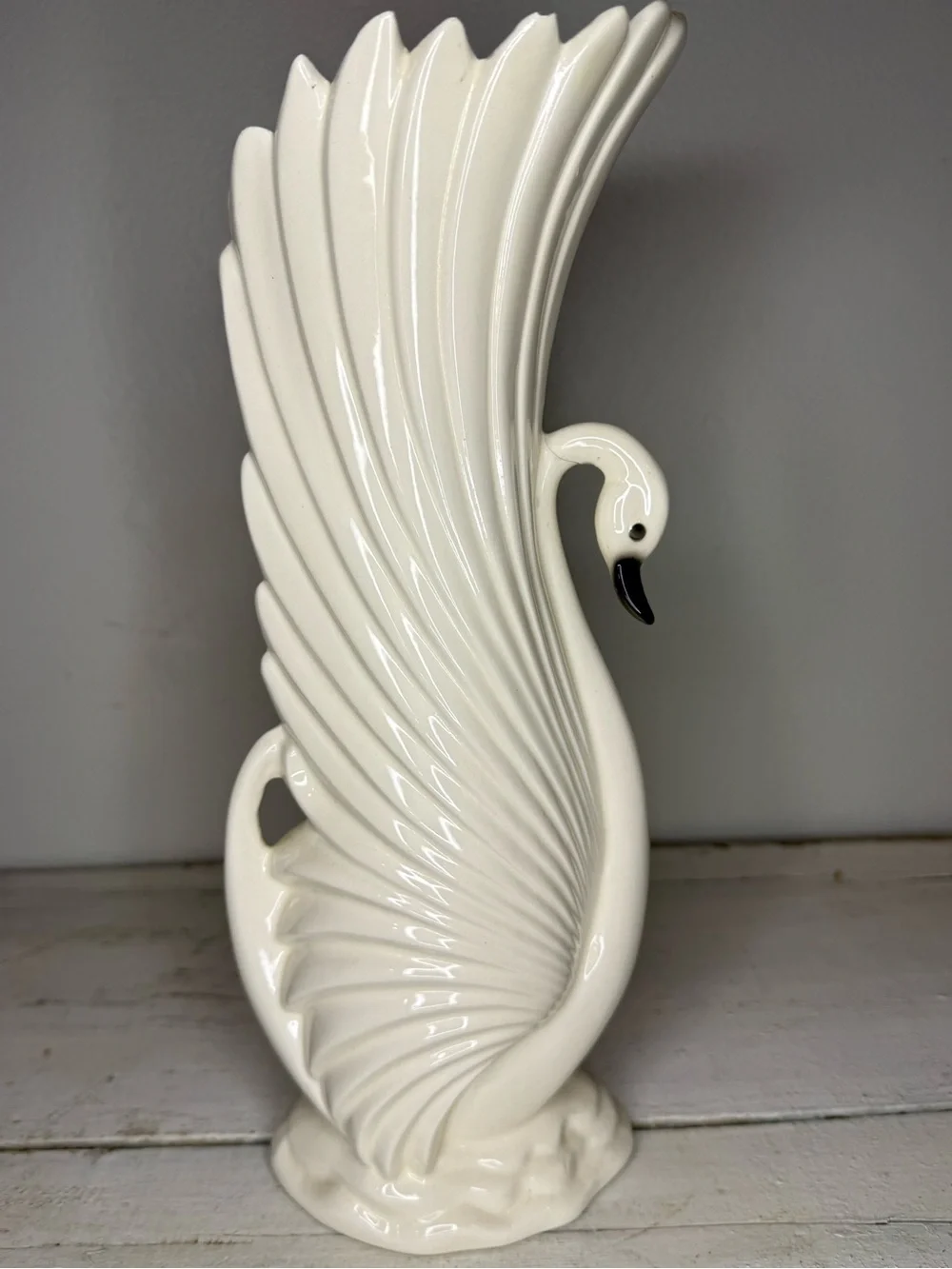 VTG Maddux California White (off) Swan w/Black Eyes & Black Beak Vase 12” tall
